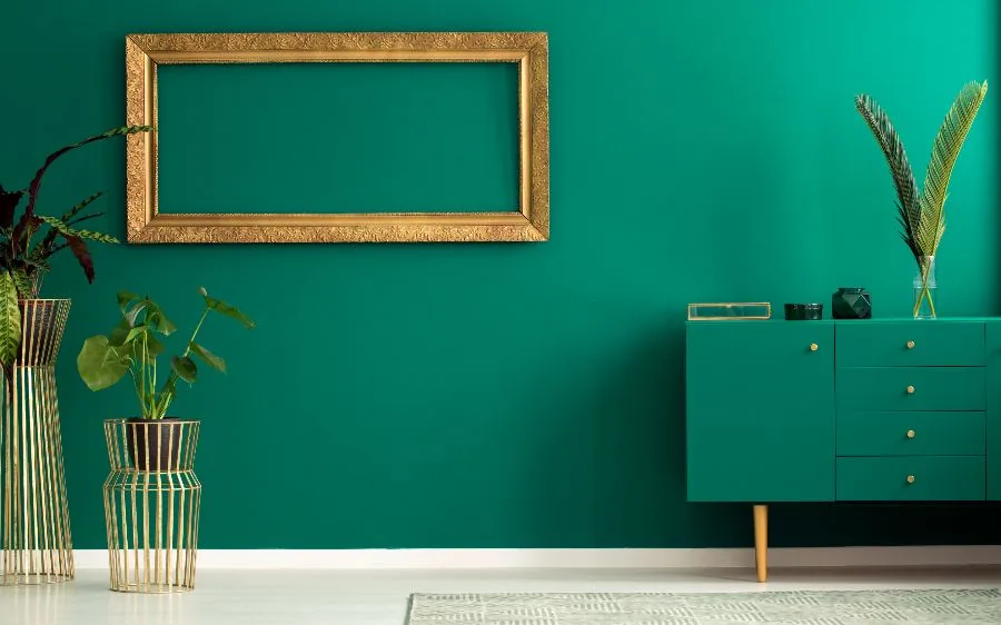 Emerald green accent wall painting with gold frame and matching painted sideboard, Palm Beach Gardens, FL