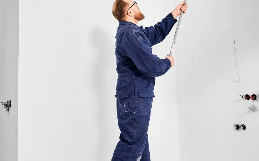 Painter in blue coveralls rolling a white ceiling with an extension pole beside crown molding, floor masked, Boca Raton, FL