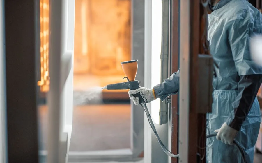 Painter in coveralls spray finishing a door frame with an HVLP gun, Fort Lauderdale, FL